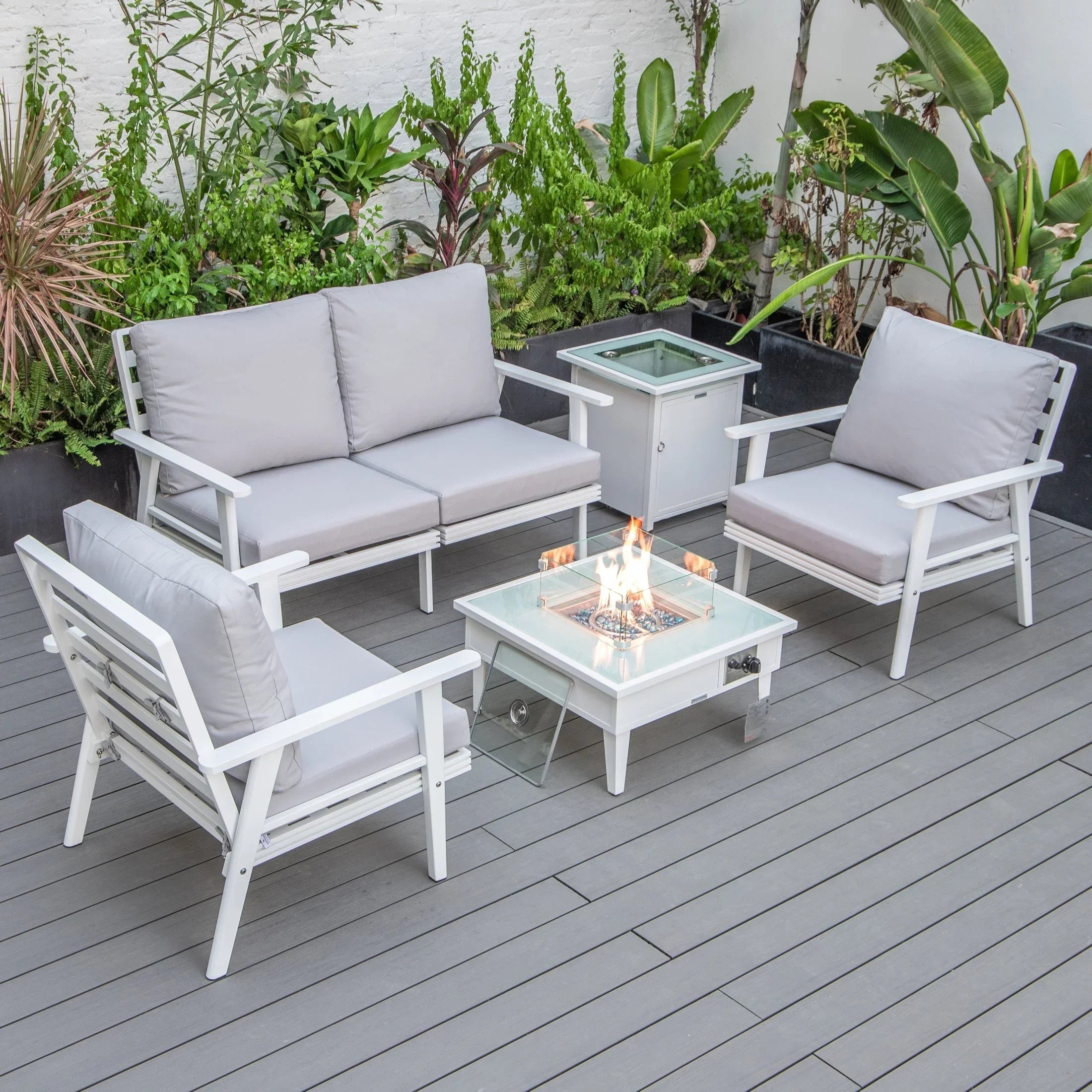 Walbrooke Aluminum Patio Conversation With Fire Pit Table & Tank Holder - Elax Furniture