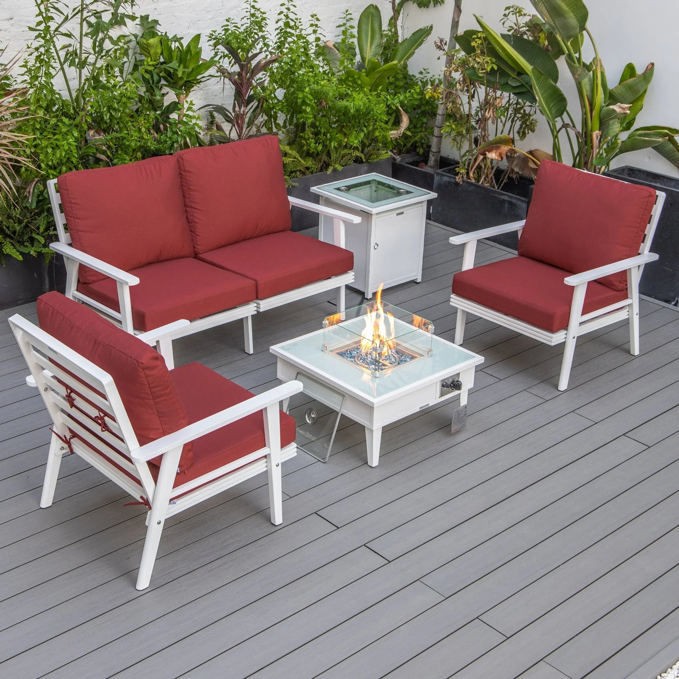 Walbrooke Aluminum Patio Conversation With Fire Pit Table & Tank Holder - Elax Furniture