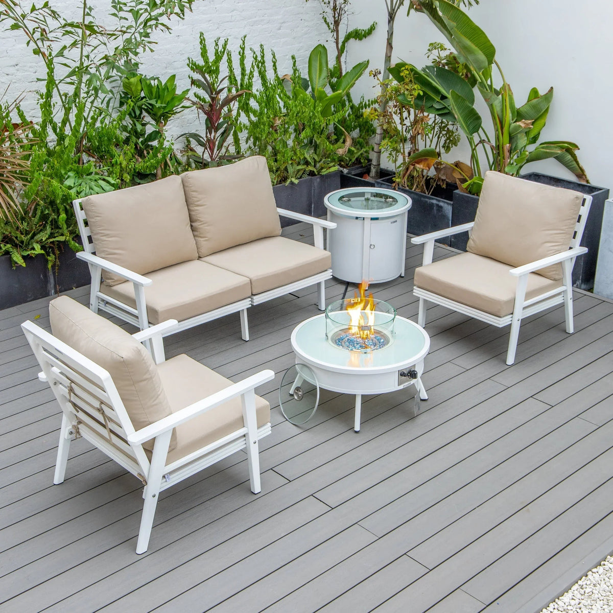 Walbrooke Aluminum Patio Conversation With Fire Pit Table & Tank Holder - Elax Furniture