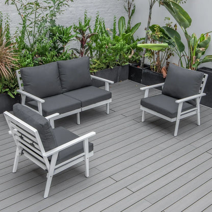 Walbrooke Modern 3-Piece Outdoor Patio Set with White Aluminum Frame and Removable Cushions Loveseat and Set of 2 Armchairs - Elax Furniture