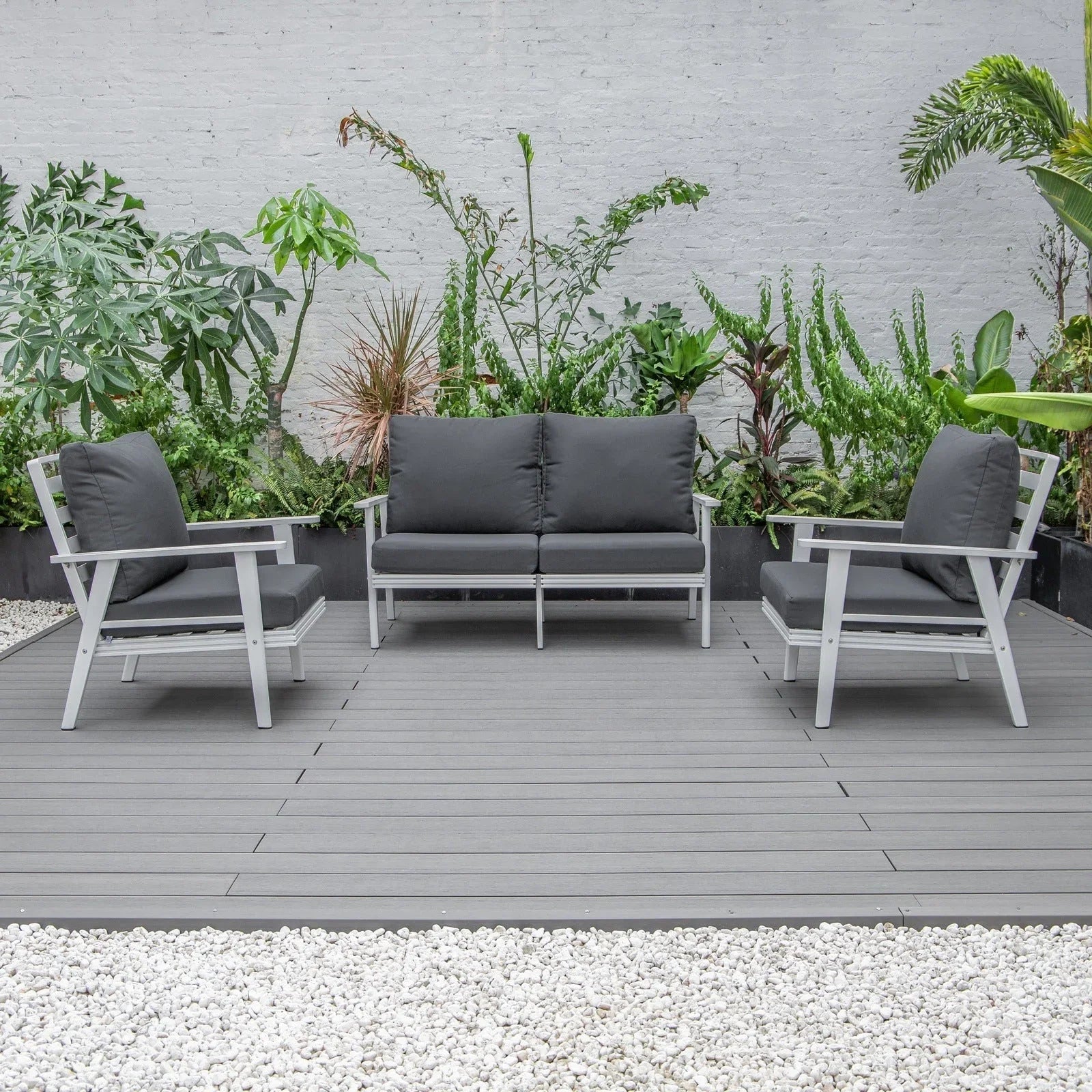 Walbrooke Modern 3-Piece Outdoor Patio Set with White Aluminum Frame and Removable Cushions Loveseat and Set of 2 Armchairs - Elax Furniture