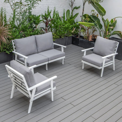 Walbrooke Modern 3-Piece Outdoor Patio Set with White Aluminum Frame and Removable Cushions Loveseat and Set of 2 Armchairs - Elax Furniture