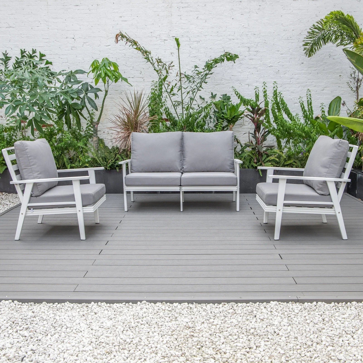 Walbrooke Modern 3-Piece Outdoor Patio Set with White Aluminum Frame and Removable Cushions Loveseat and Set of 2 Armchairs - Elax Furniture