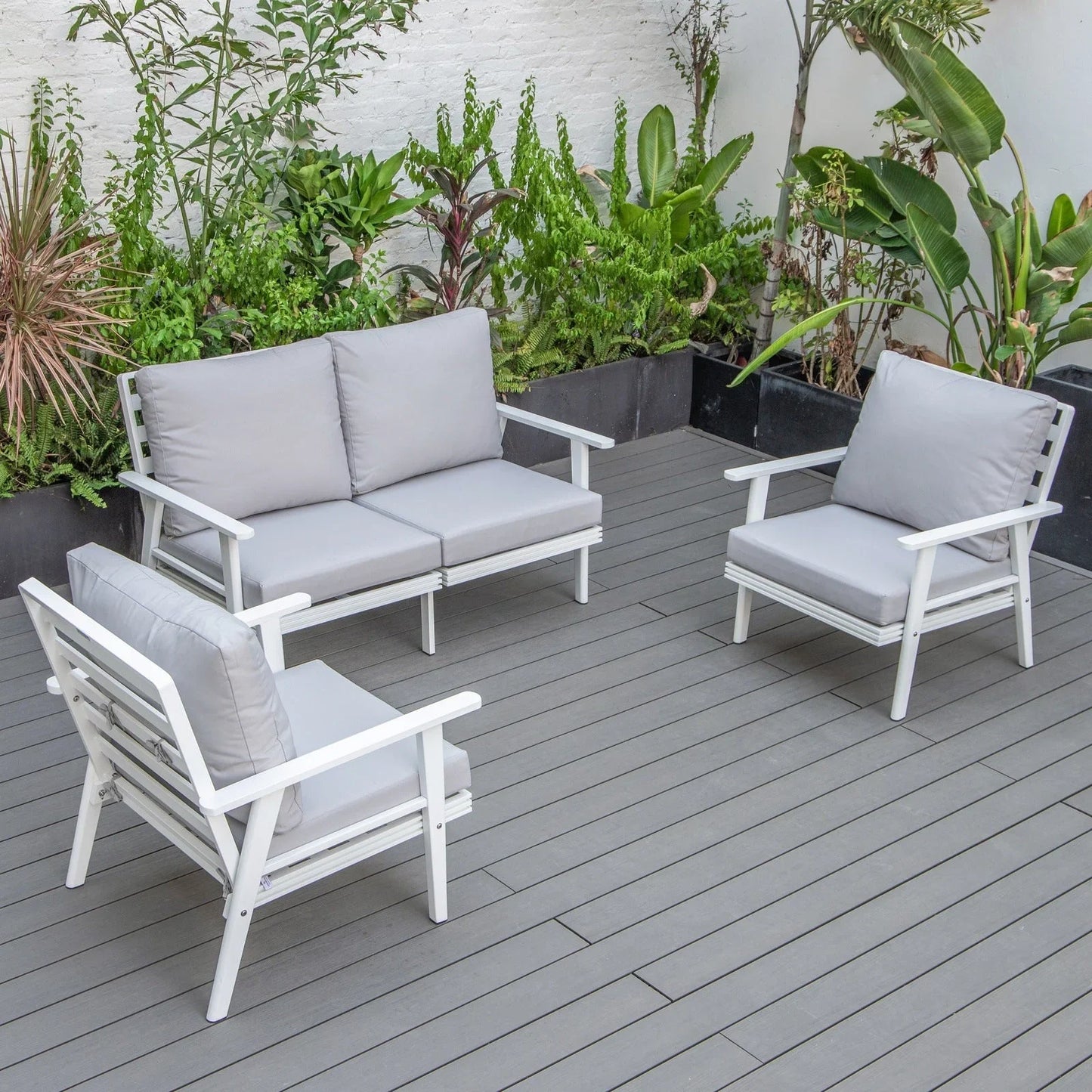Walbrooke Modern 3-Piece Outdoor Patio Set with White Aluminum Frame and Removable Cushions Loveseat and Set of 2 Armchairs - Elax Furniture