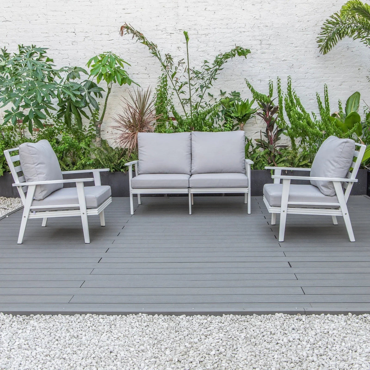 Walbrooke Modern 3-Piece Outdoor Patio Set with White Aluminum Frame and Removable Cushions Loveseat and Set of 2 Armchairs - Elax Furniture