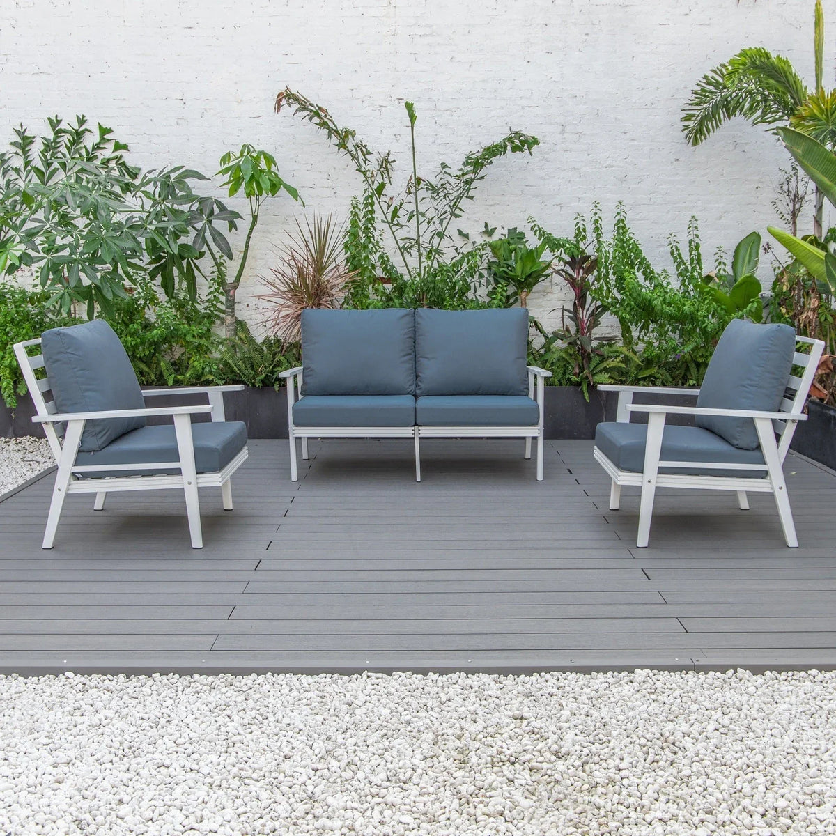Walbrooke Modern 3-Piece Outdoor Patio Set with White Aluminum Frame and Removable Cushions Loveseat and Set of 2 Armchairs - Elax Furniture