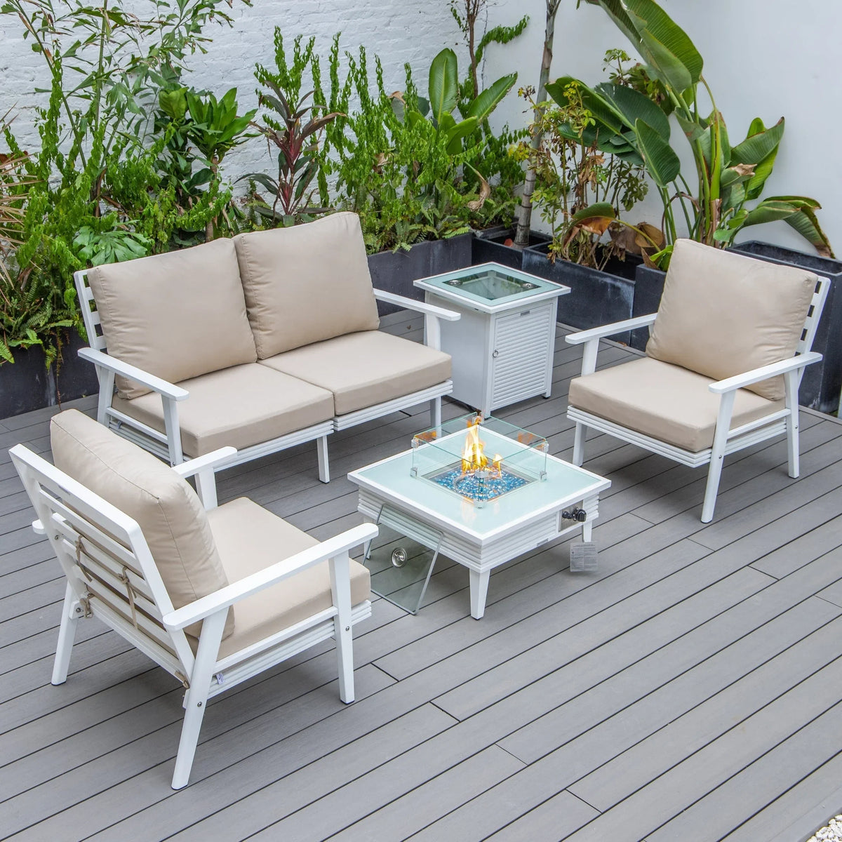 Walbrooke Aluminum Patio Conversation With Slats Design Fire Pit Table & Tank Holder - Elax Furniture