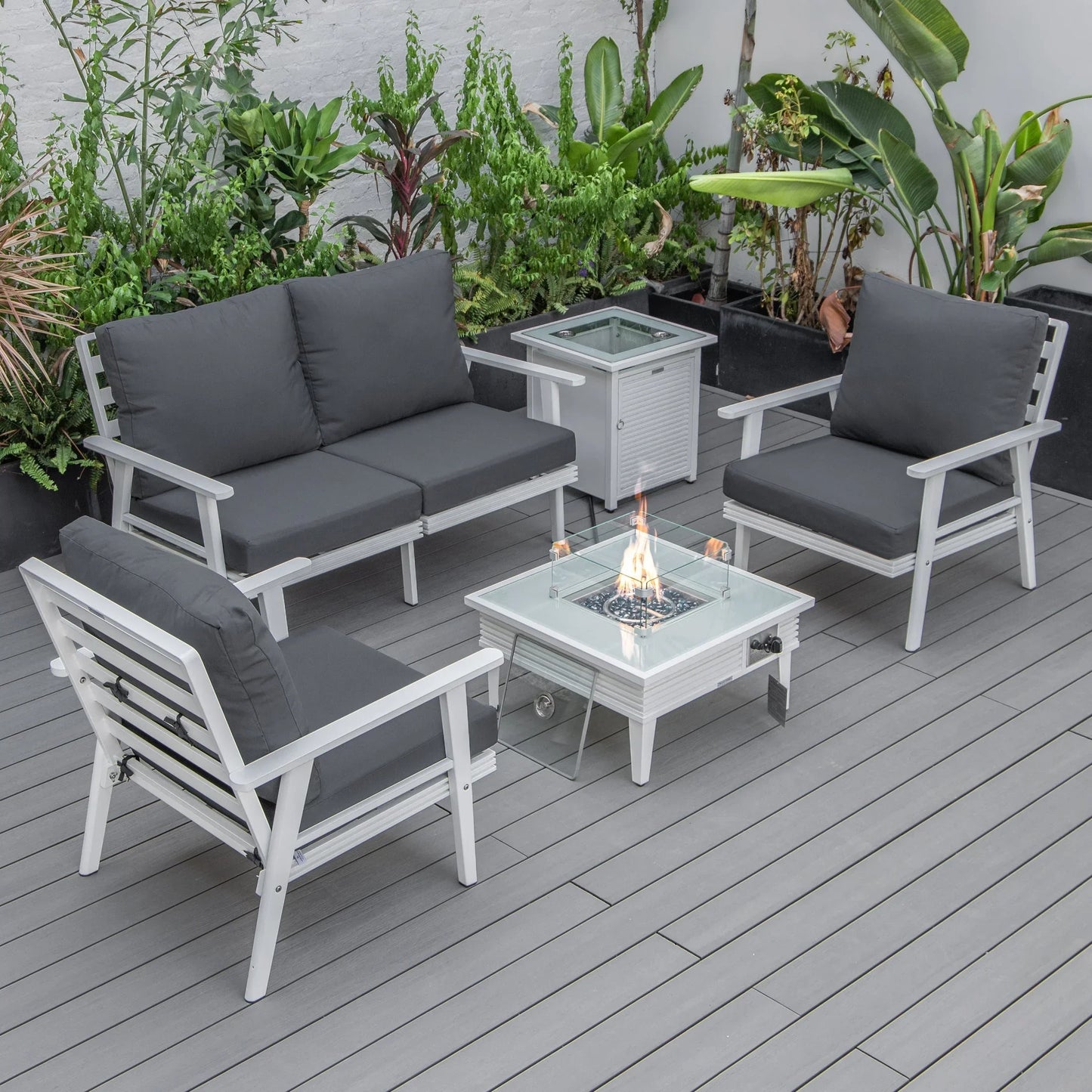 Walbrooke Aluminum Patio Conversation With Slats Design Fire Pit Table & Tank Holder - Elax Furniture