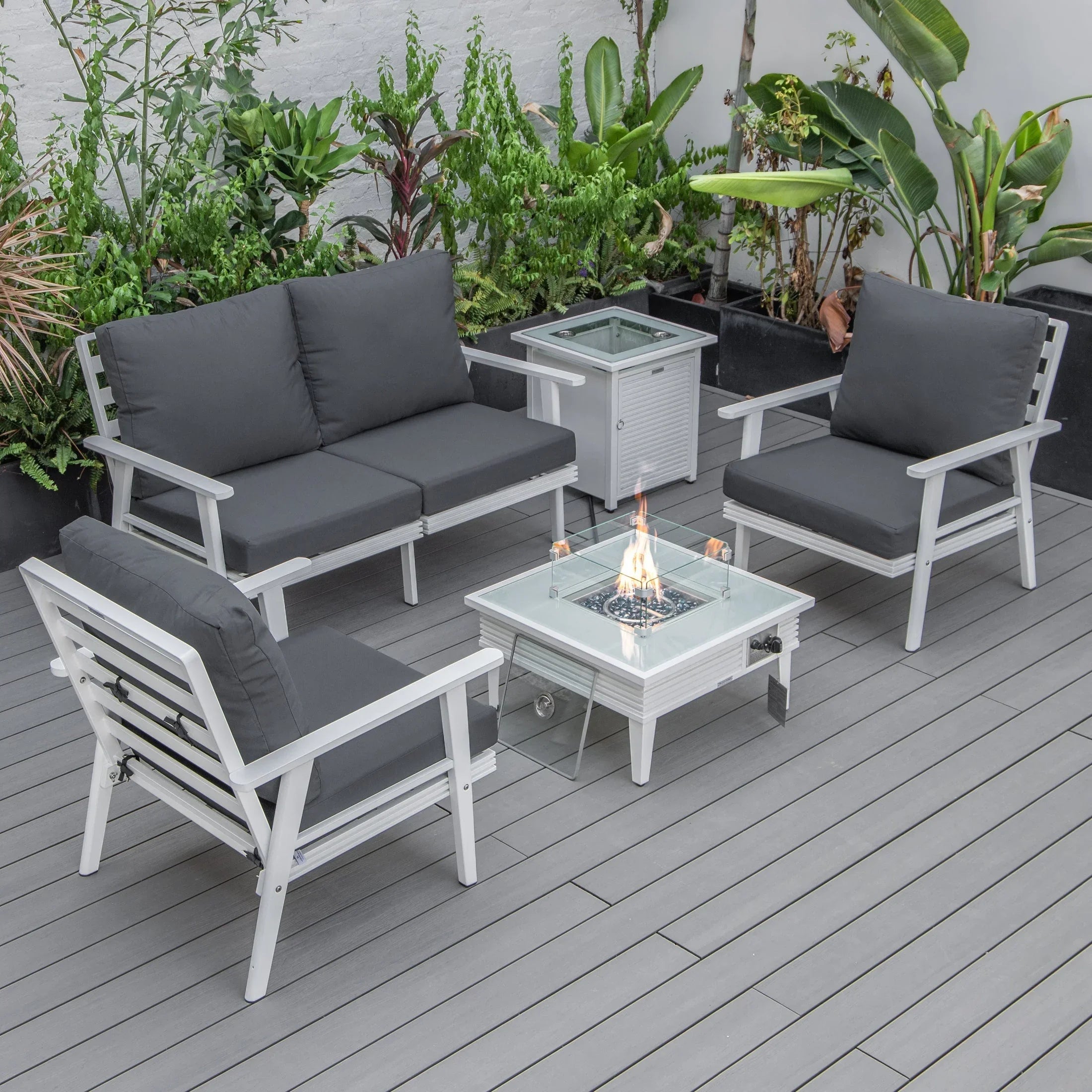 Walbrooke Aluminum Patio Conversation With Slats Design Fire Pit Table & Tank Holder - Elax Furniture