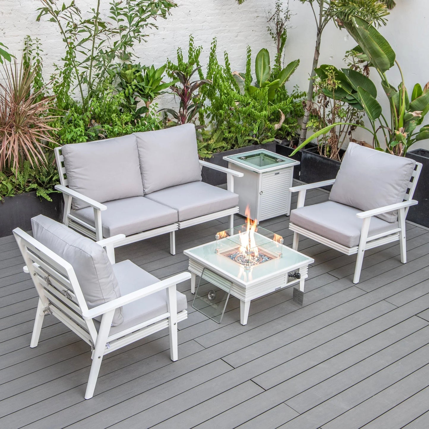 Walbrooke Aluminum Patio Conversation With Slats Design Fire Pit Table & Tank Holder - Elax Furniture