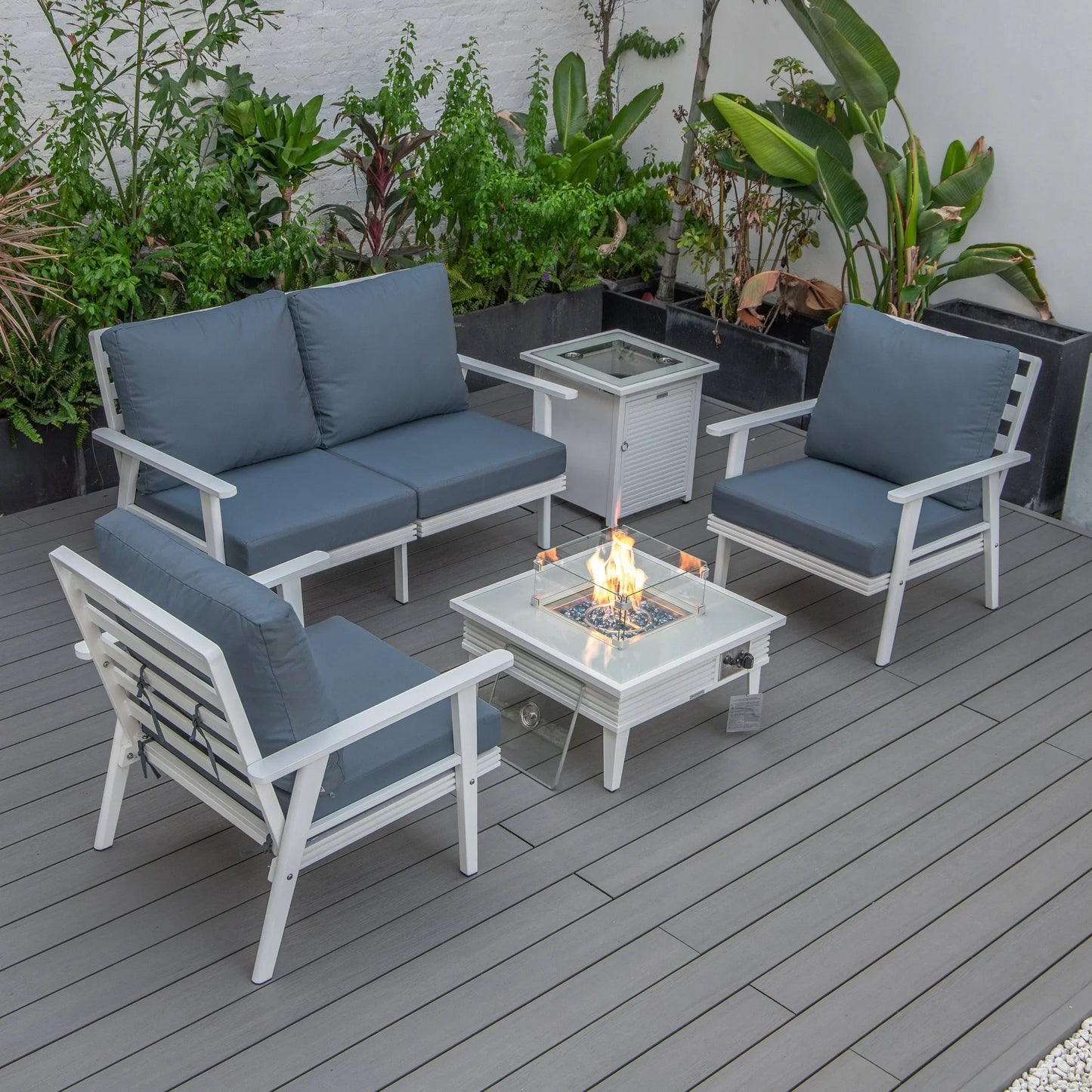 Walbrooke Aluminum Patio Conversation With Slats Design Fire Pit Table & Tank Holder - Elax Furniture