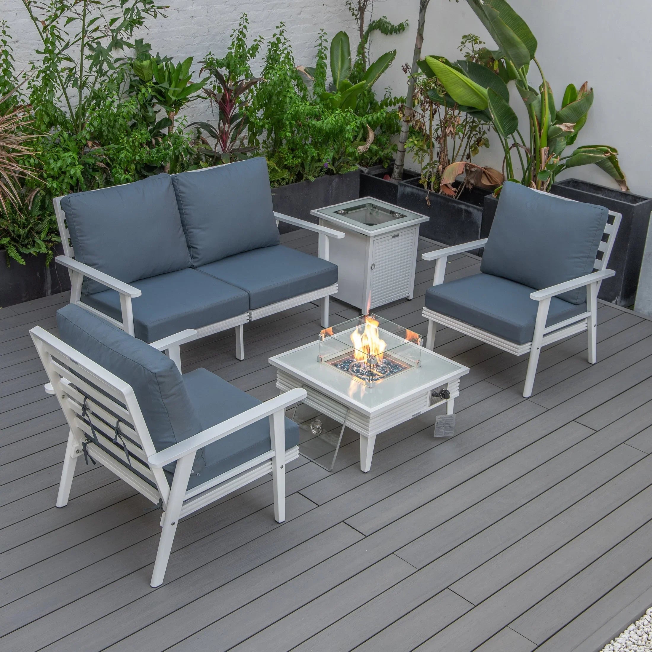Walbrooke Aluminum Patio Conversation With Slats Design Fire Pit Table & Tank Holder - Elax Furniture