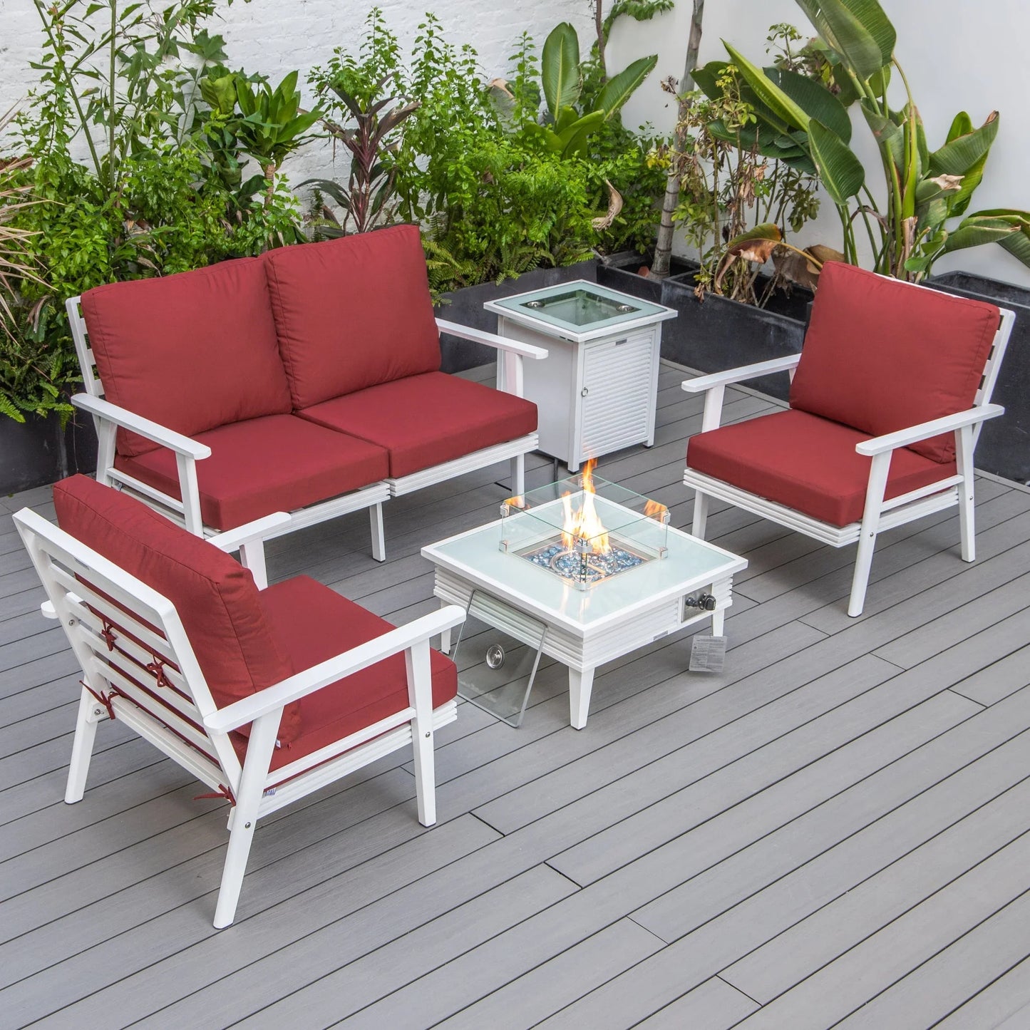 Walbrooke Aluminum Patio Conversation With Slats Design Fire Pit Table & Tank Holder - Elax Furniture