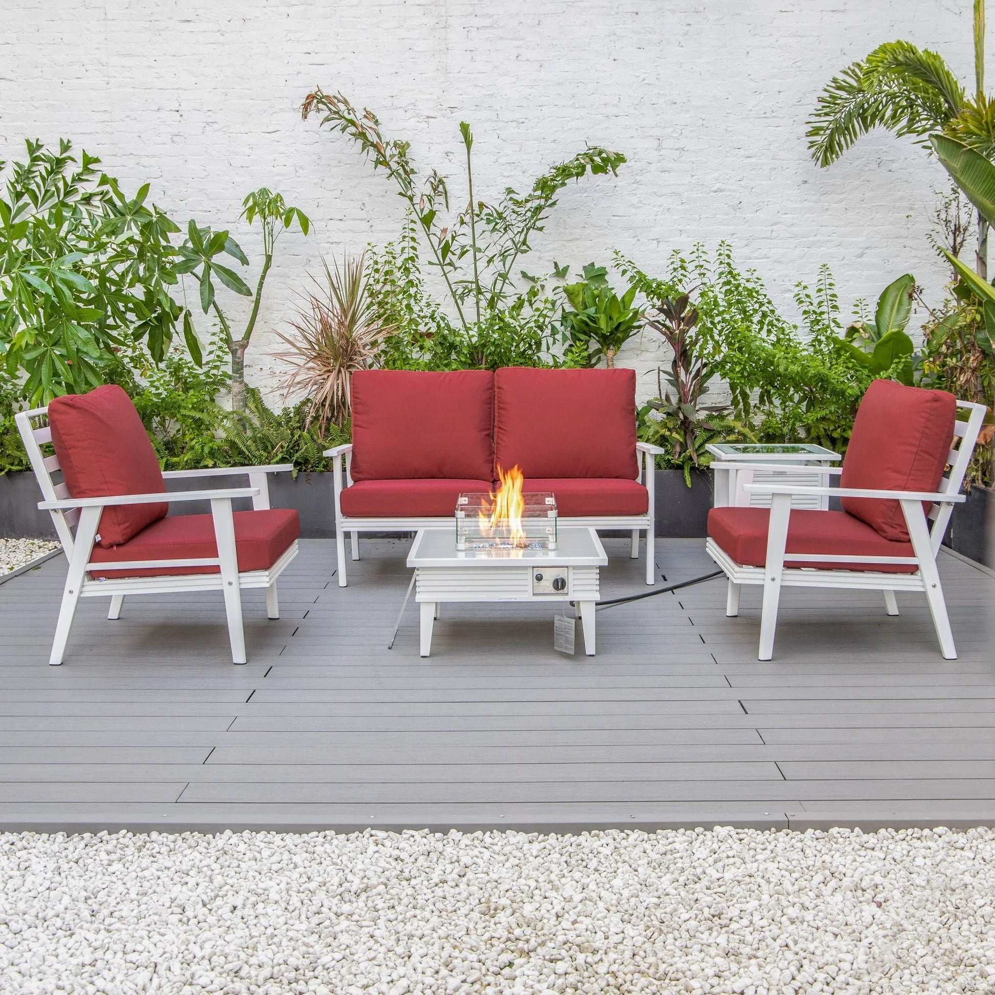 Walbrooke Aluminum Patio Conversation With Slats Design Fire Pit Table & Tank Holder - Elax Furniture
