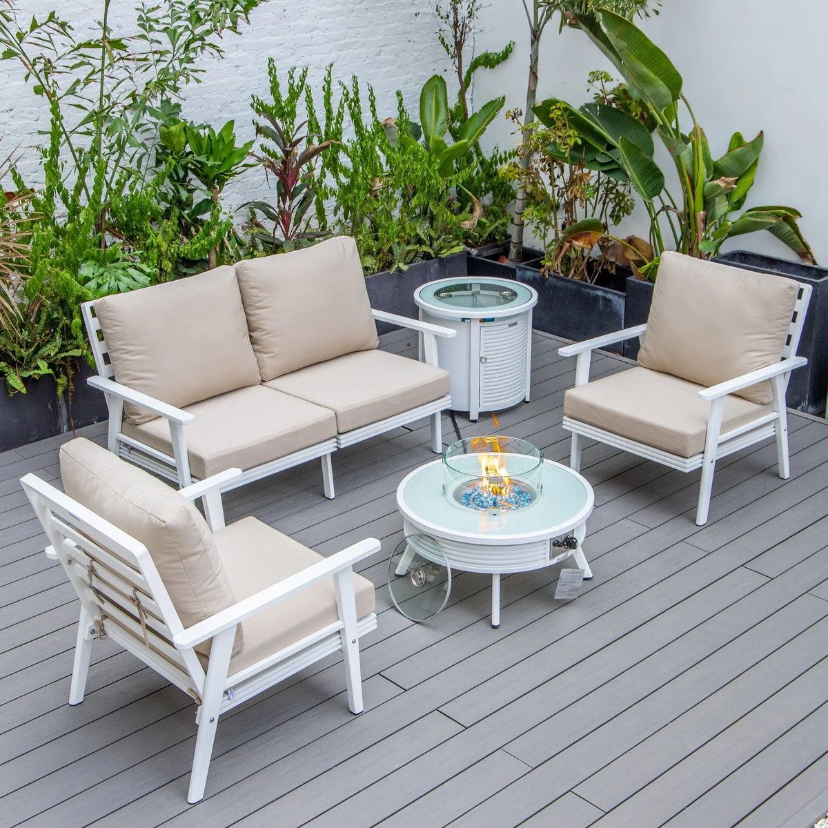 Walbrooke Aluminum Patio Conversation With Slats Design Fire Pit Table & Tank Holder - Elax Furniture