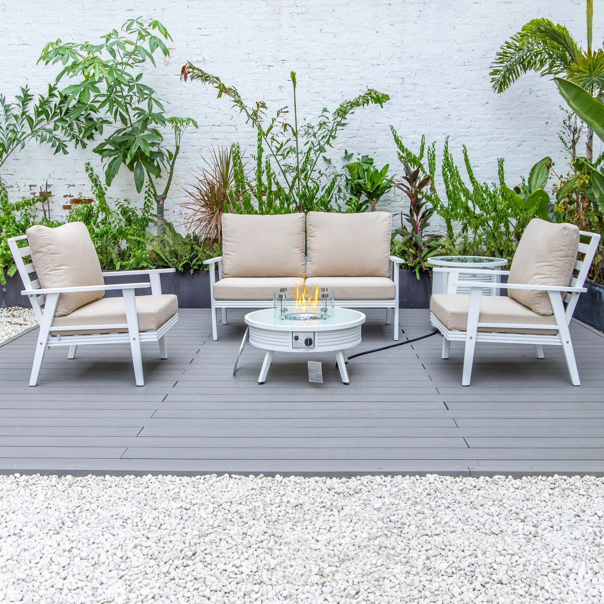 Walbrooke Aluminum Patio Conversation With Slats Design Fire Pit Table & Tank Holder - Elax Furniture
