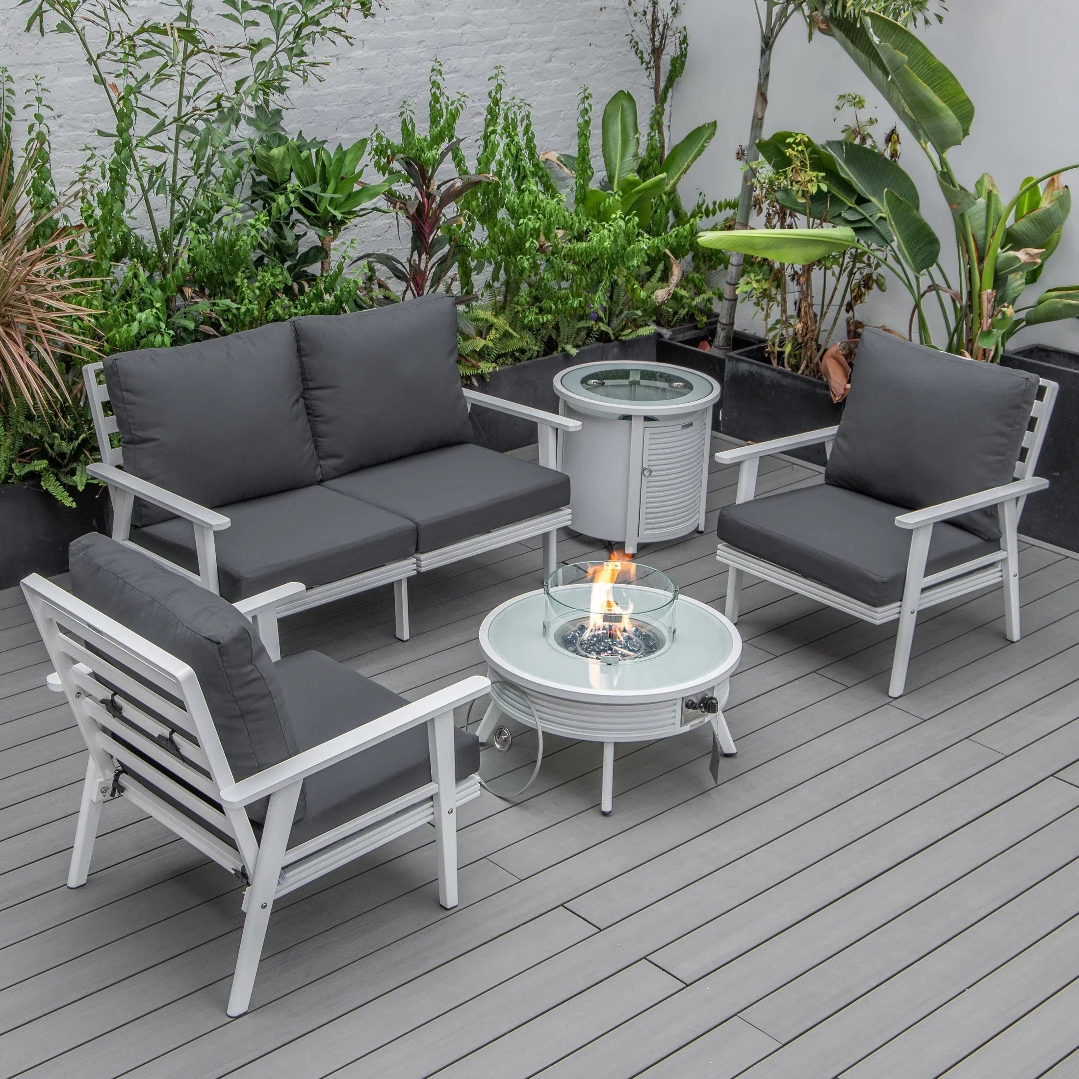 Walbrooke Aluminum Patio Conversation With Slats Design Fire Pit Table & Tank Holder - Elax Furniture