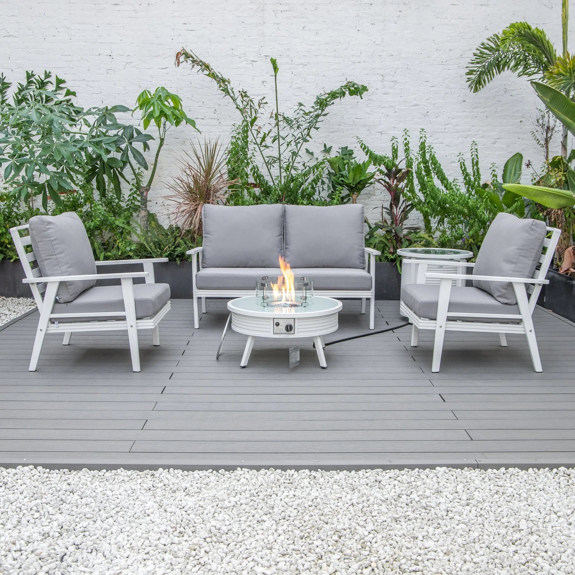 Walbrooke Aluminum Patio Conversation With Slats Design Fire Pit Table & Tank Holder - Elax Furniture