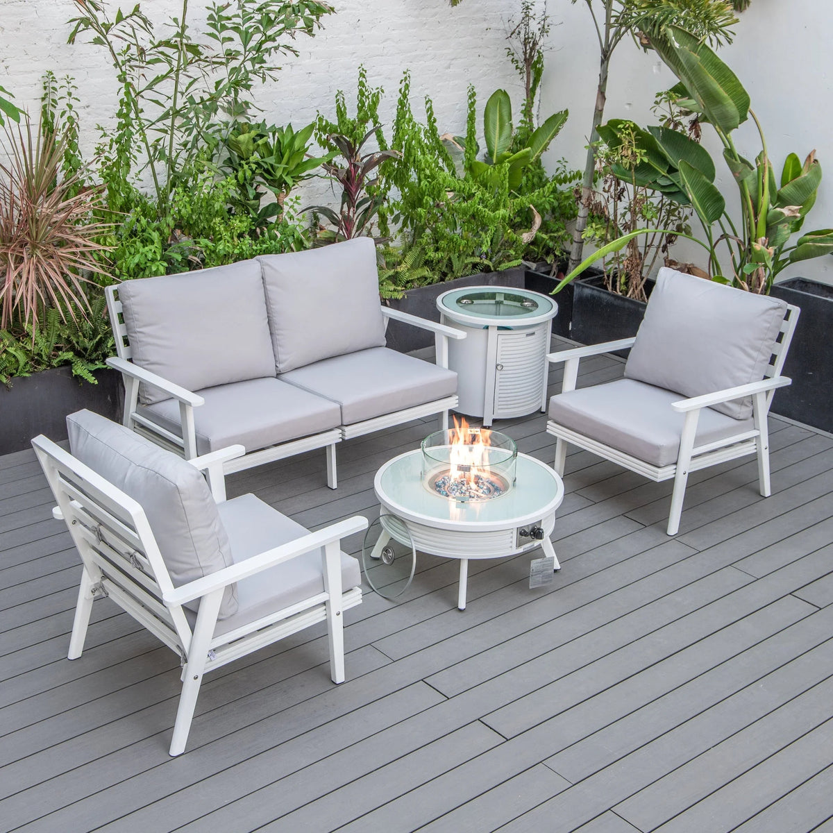 Walbrooke Aluminum Patio Conversation With Slats Design Fire Pit Table & Tank Holder - Elax Furniture