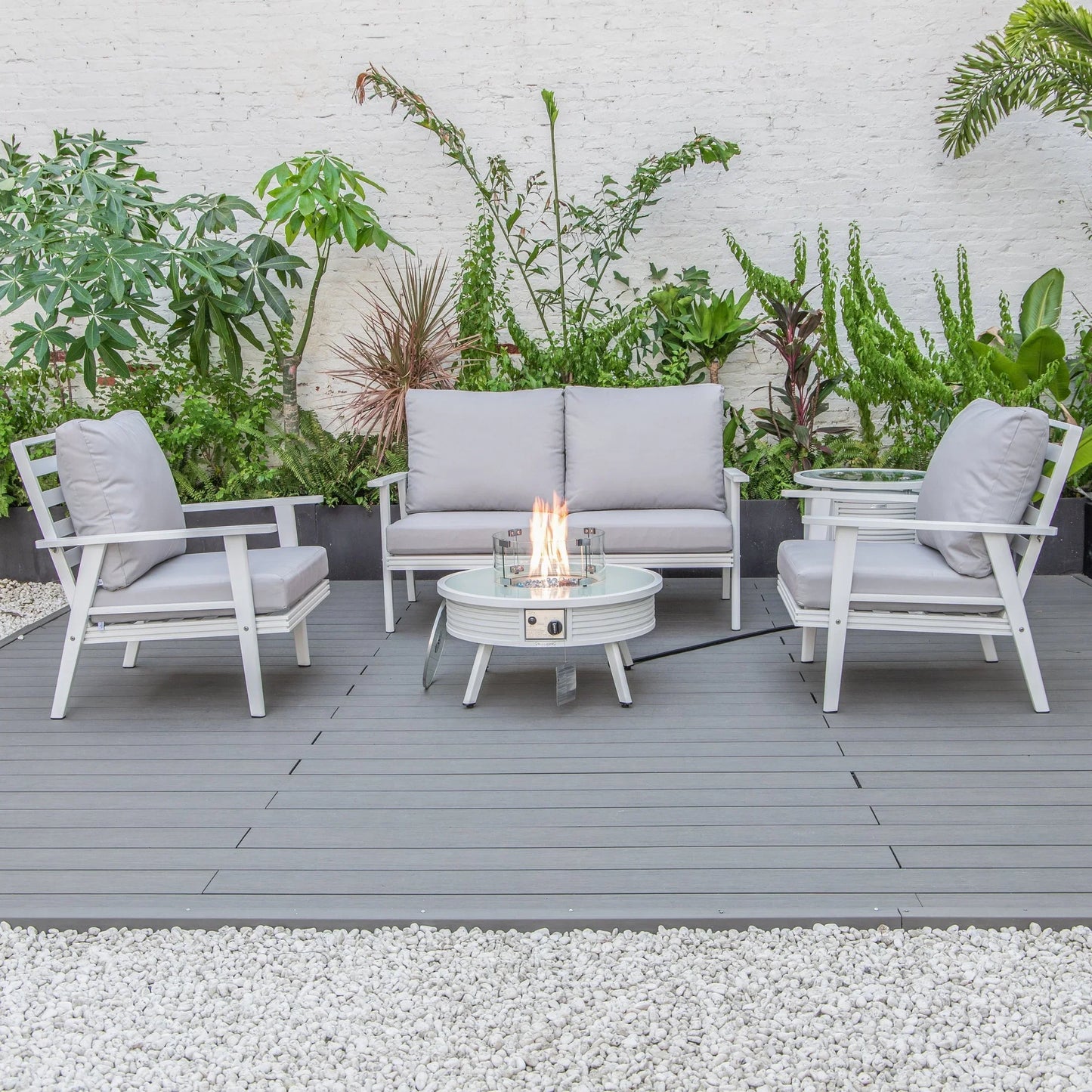 Walbrooke Aluminum Patio Conversation With Slats Design Fire Pit Table & Tank Holder - Elax Furniture