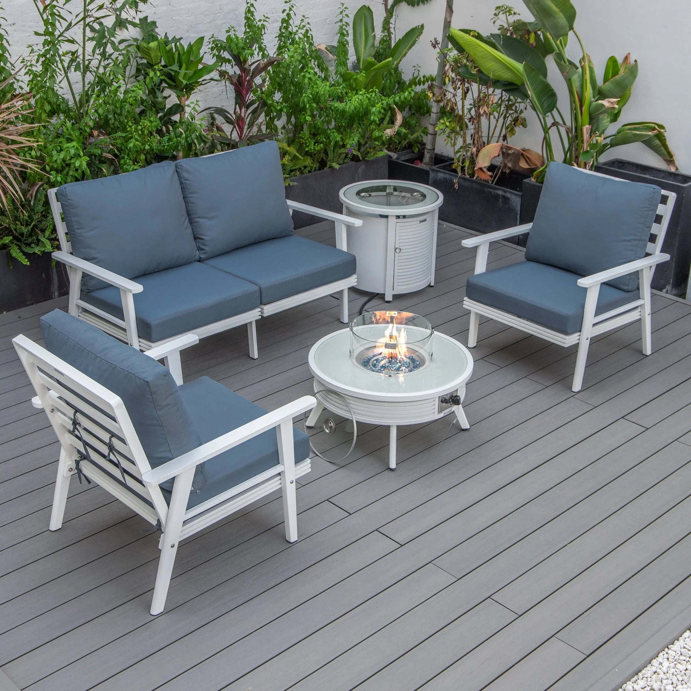 Walbrooke Aluminum Patio Conversation With Slats Design Fire Pit Table & Tank Holder - Elax Furniture