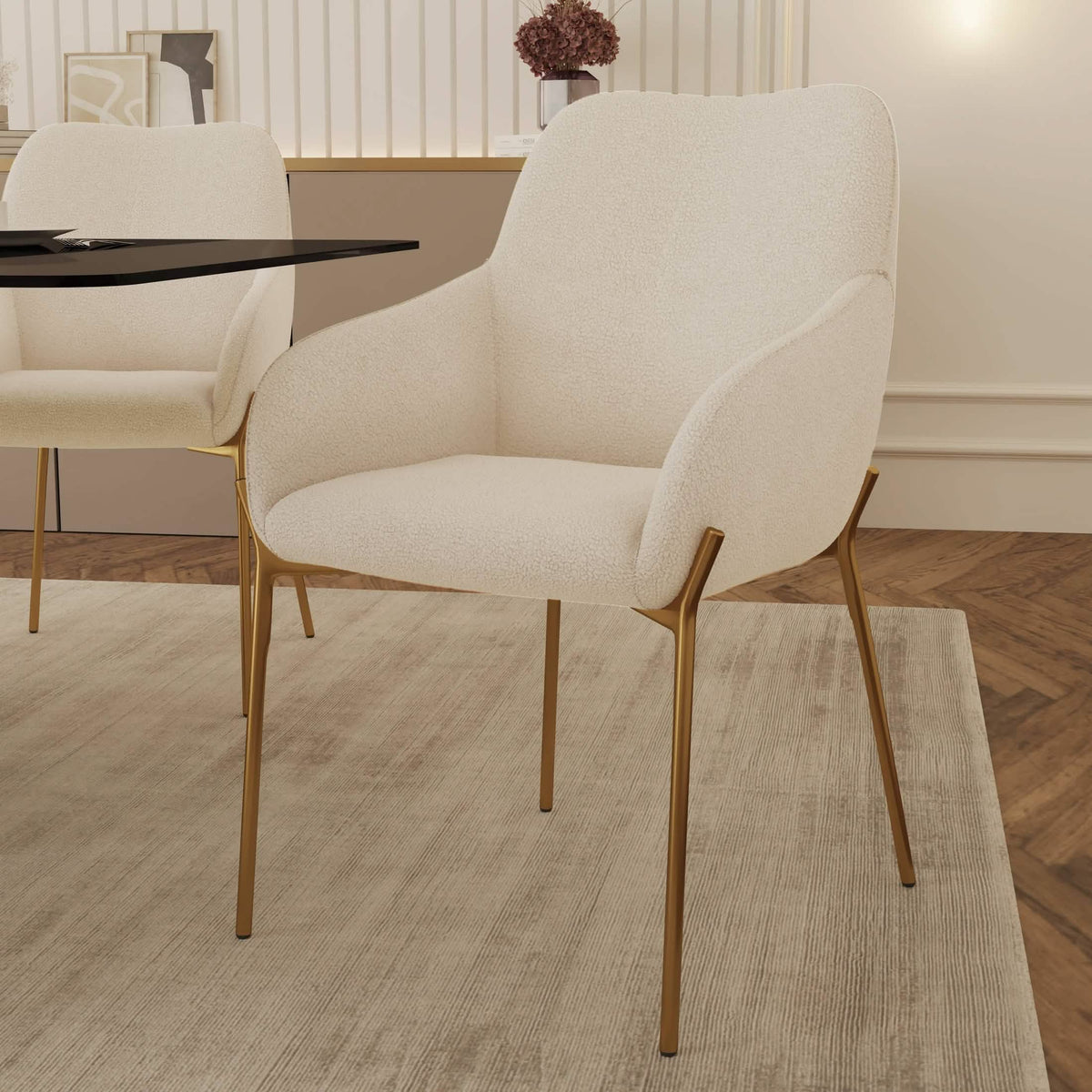 Zaire Upholsters Dining Chair in Velvet/Leather/Boucle with Gold Chrome Iron Boucle White Dining Chair Leisuremod