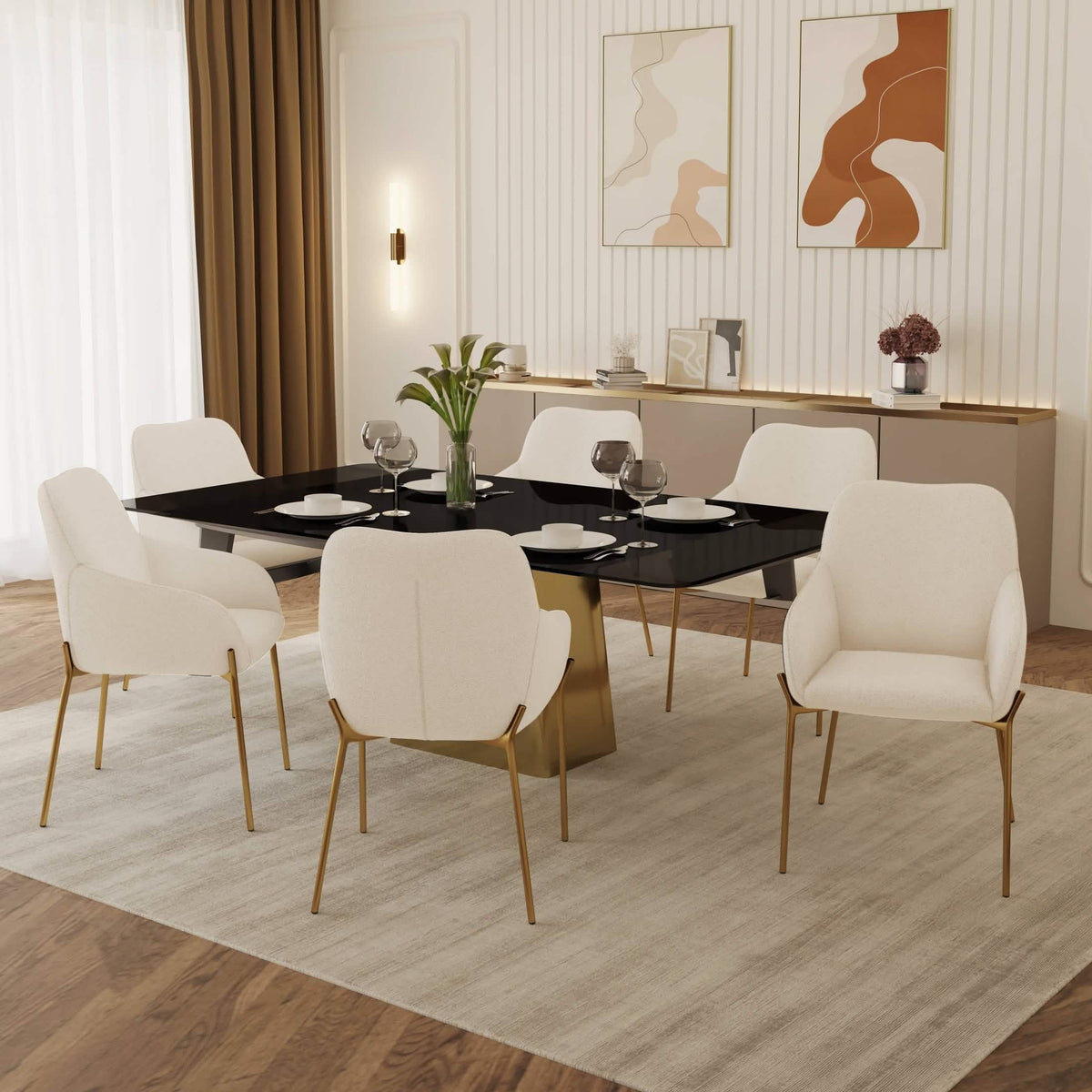 Zaire Upholsters Dining Chair in Velvet/Leather/Boucle with Gold Chrome Iron Boucle White Dining Chair Leisuremod