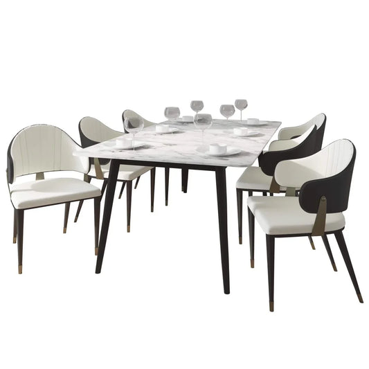 Zayle 7-Piece Dining Set with 55" Rectangular Dining Table in White/Gold Sintered Stone Top and 6 Leather Dining Chairs - Elax Furniture
