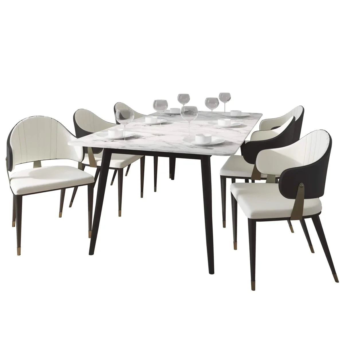 Zayle 7-Piece Dining Set with 55" Rectangular Dining Table in White/Gold Sintered Stone Top and 6 Leather Dining Chairs - Elax Furniture