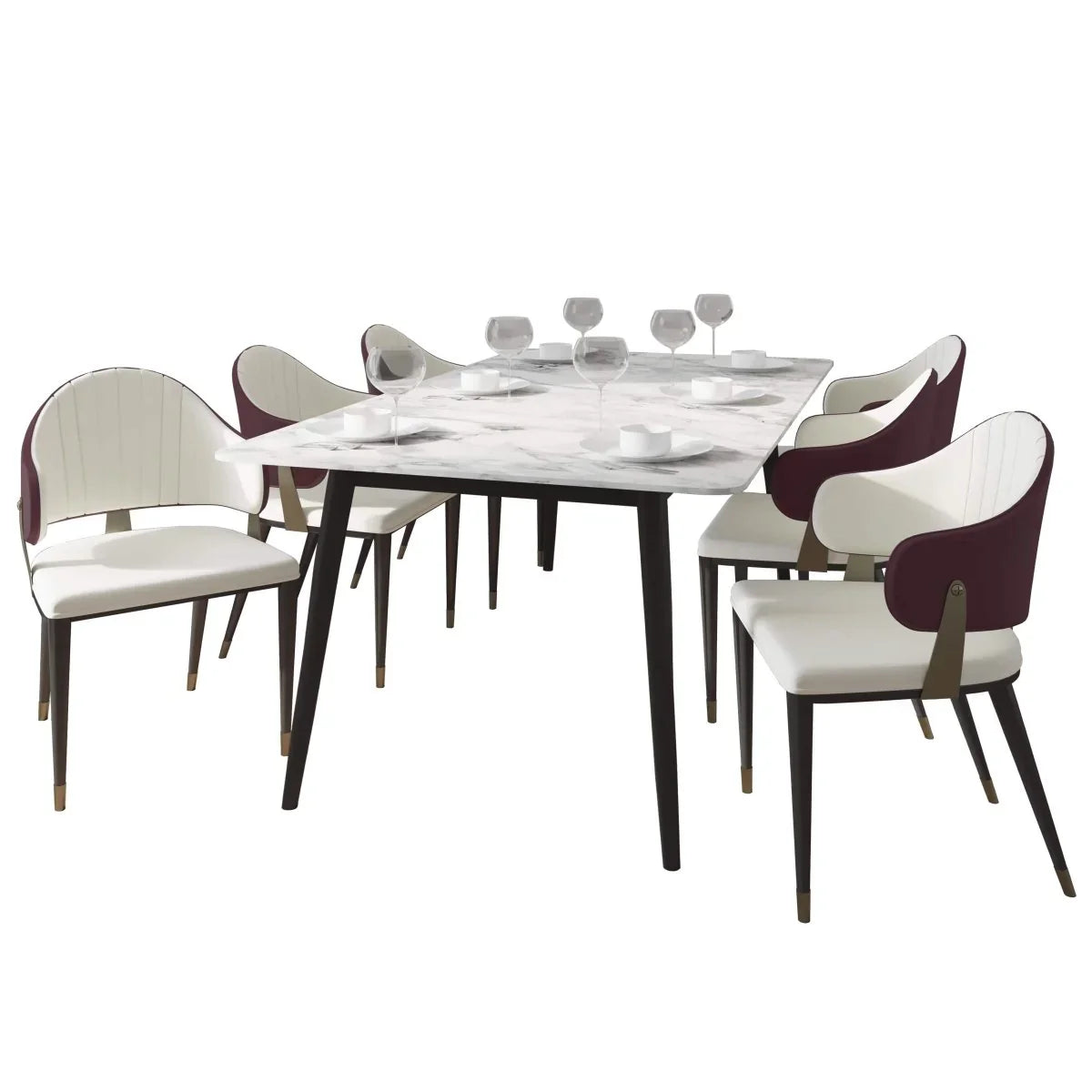 Zayle 7-Piece Dining Set with 55" Rectangular Dining Table in White/Gold Sintered Stone Top and 6 Leather Dining Chairs - Elax Furniture