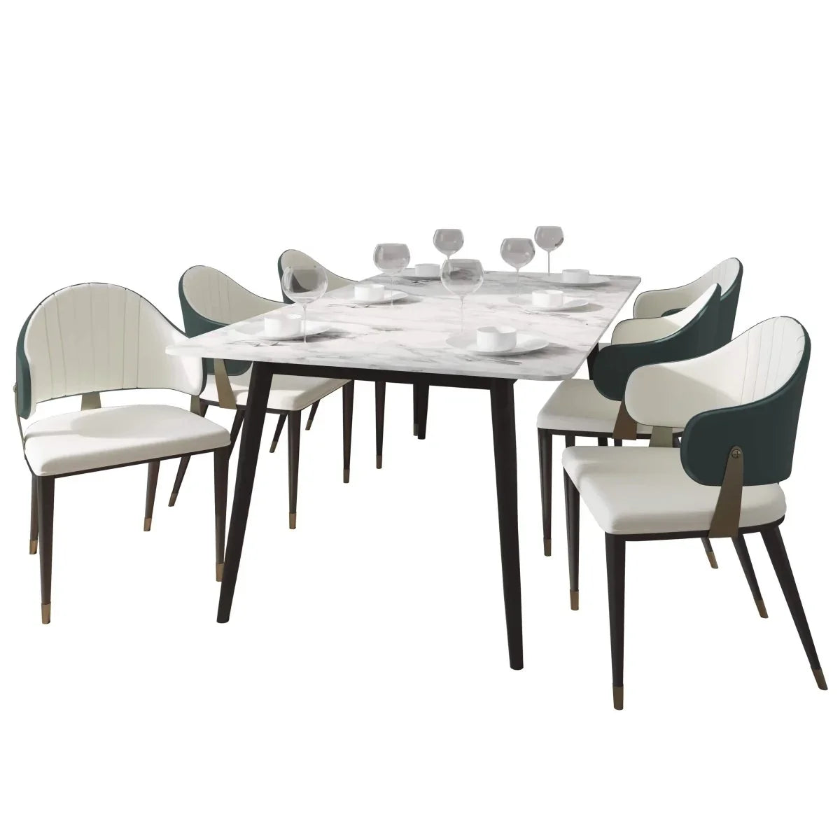 Zayle 7-Piece Dining Set with 55" Rectangular Dining Table in White/Gold Sintered Stone Top and 6 Leather Dining Chairs - Elax Furniture