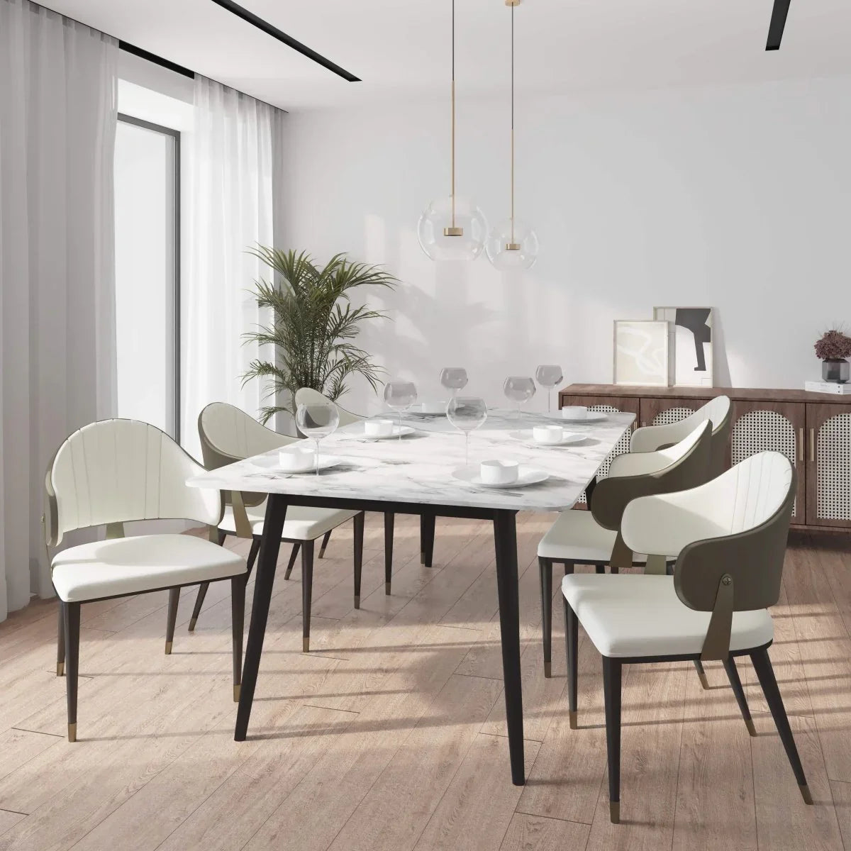 Zayle 7-Piece Dining Set with 55" Rectangular Dining Table in White/Gold Sintered Stone Top and 6 Leather Dining Chairs - Elax Furniture