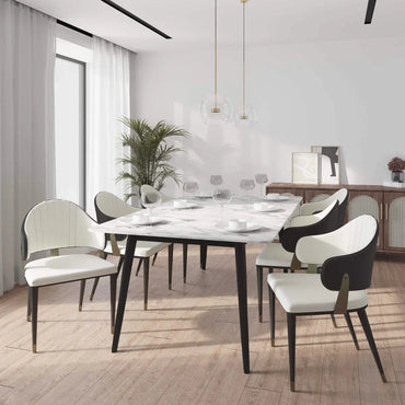 Zayle 7-Piece Dining Set with 55" Rectangular Dining Table in White/Gold Sintered Stone Top and 6 Leather Dining Chairs - Elax Furniture