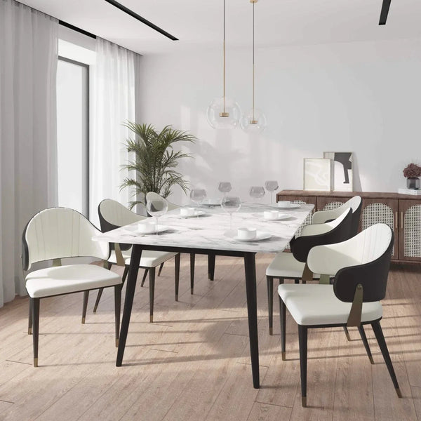 Zayle 7-Piece Dining Set with 55" Rectangular Dining Table in White/Gold Sintered Stone Top and 6 Leather Dining Chairs