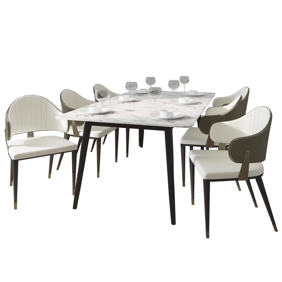 Zayle 7-Piece Dining Set with 55" Rectangular Dining Table in White/Gold Sintered Stone Top and 6 Leather Dining Chairs - Elax Furniture