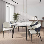 Zayle 7-Piece Dining Set with 55" Rectangular Dining Table in White/Gold Sintered Stone Top and 6 Leather Dining Chairs - Elax Furniture