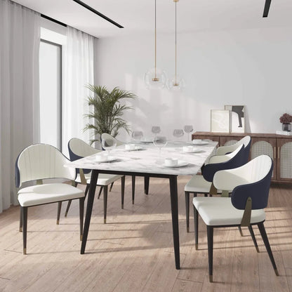 Zayle 7-Piece Dining Set with 55" Rectangular Dining Table in White/Gold Sintered Stone Top and 6 Leather Dining Chairs - Elax Furniture