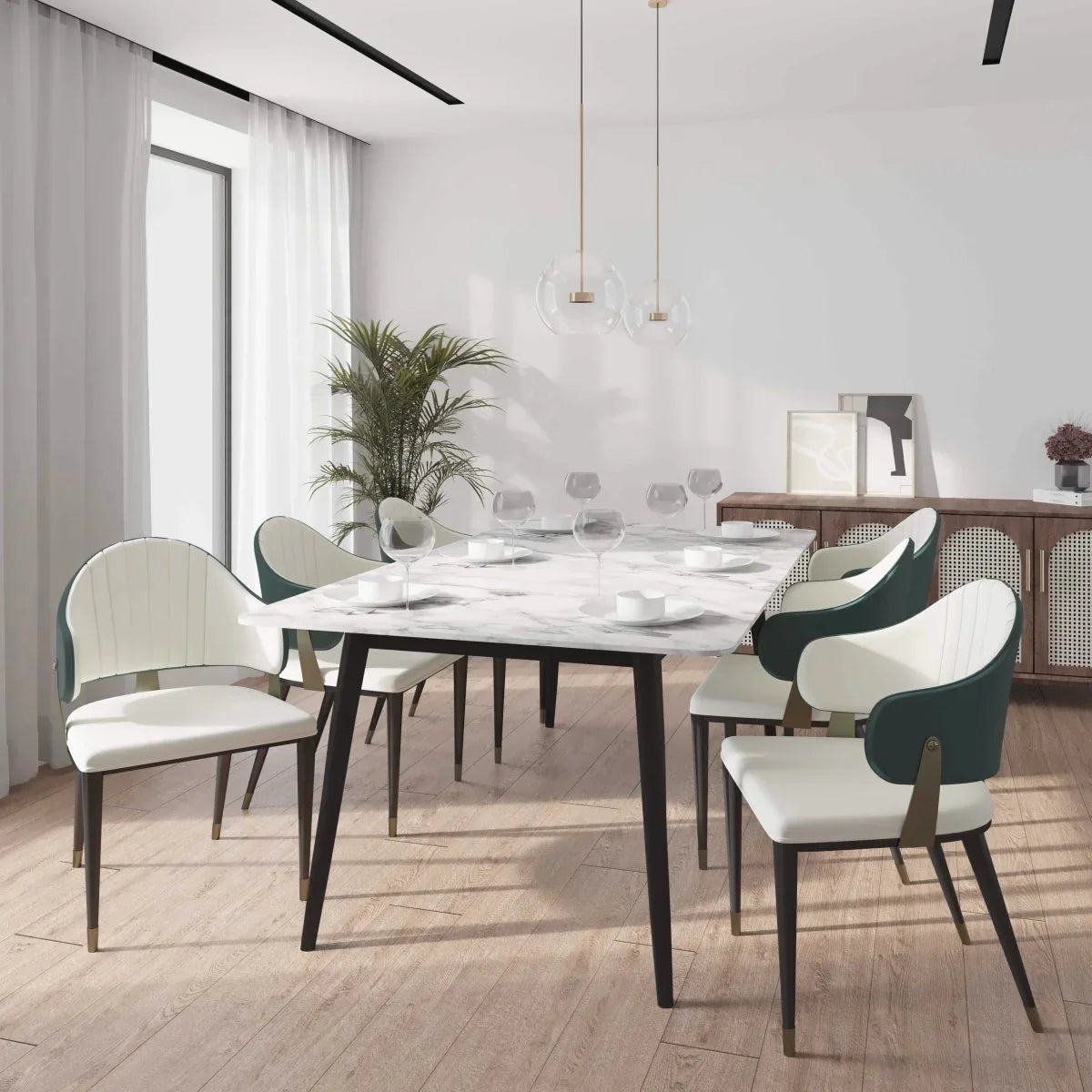 Zayle 7-Piece Dining Set with 55" Rectangular Dining Table in White/Gold Sintered Stone Top and 6 Leather Dining Chairs - Elax Furniture