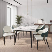 Zayle 7-Piece Dining Set with 55" Rectangular Dining Table in White/Gold Sintered Stone Top and 6 Leather Dining Chairs - Elax Furniture
