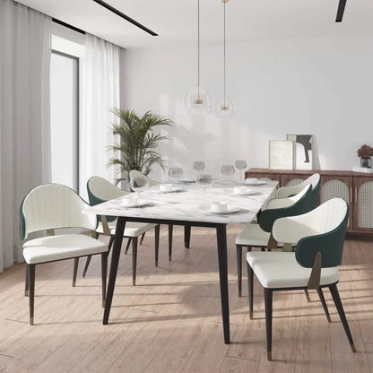 Zayle 7-Piece Dining Set with 55" Rectangular Dining Table in White/Gold Sintered Stone Top and 6 Leather Dining Chairs - Elax Furniture