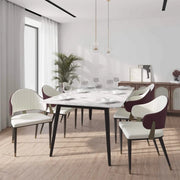 Zayle 7-Piece Dining Set with 55" Rectangular Dining Table in White/Gold Sintered Stone Top and 6 Leather Dining Chairs - Elax Furniture