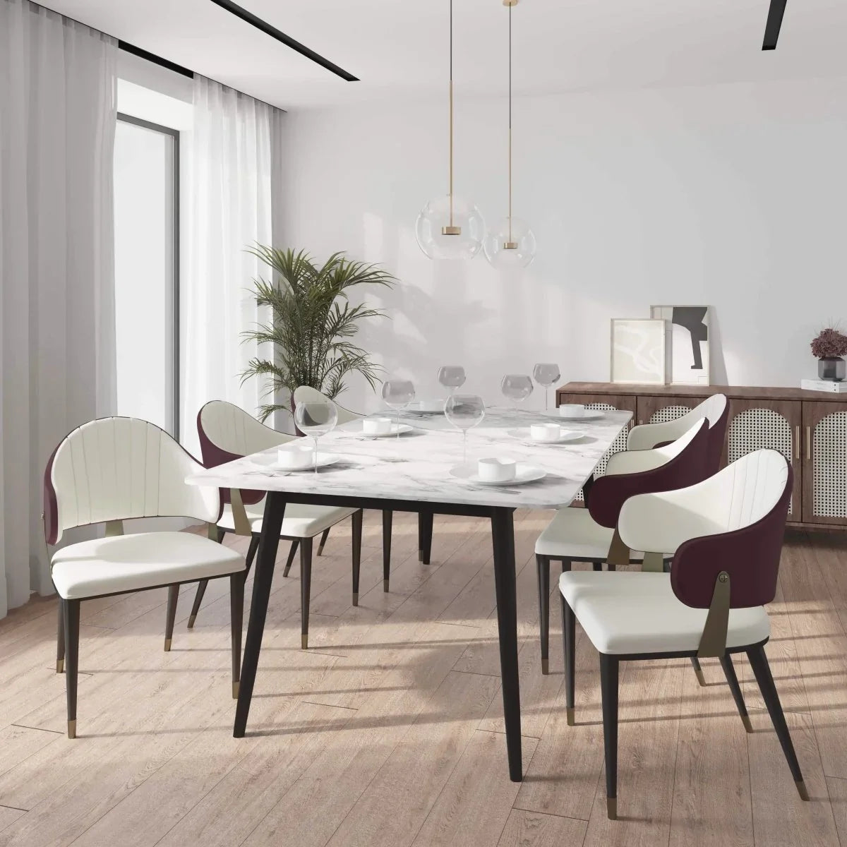 Zayle 7-Piece Dining Set with 55" Rectangular Dining Table in White/Gold Sintered Stone Top and 6 Leather Dining Chairs - Elax Furniture