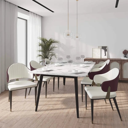 Zayle 7-Piece Dining Set with 55" Rectangular Dining Table in White/Gold Sintered Stone Top and 6 Leather Dining Chairs - Elax Furniture