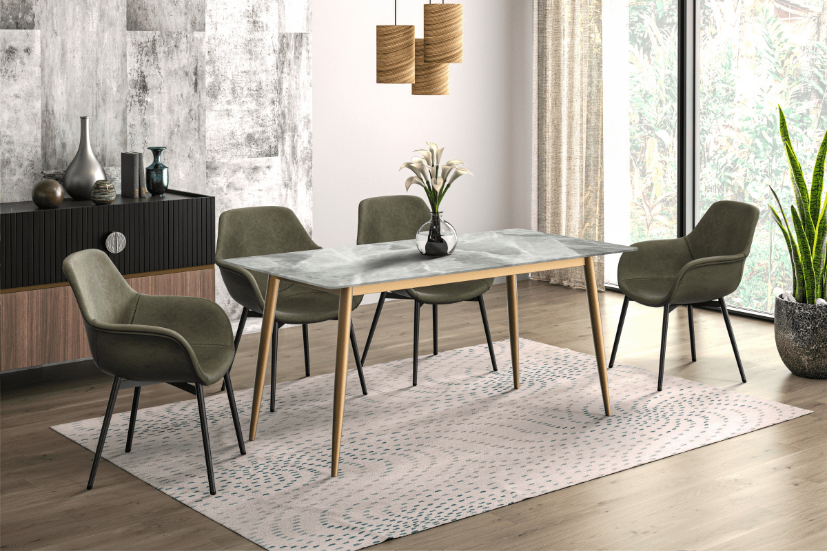 Zayle Rectangular Dining Table with a Sintered Stone Tabletop and a Stainless Steel Base Gold Light Grey Dining Table Leisuremod