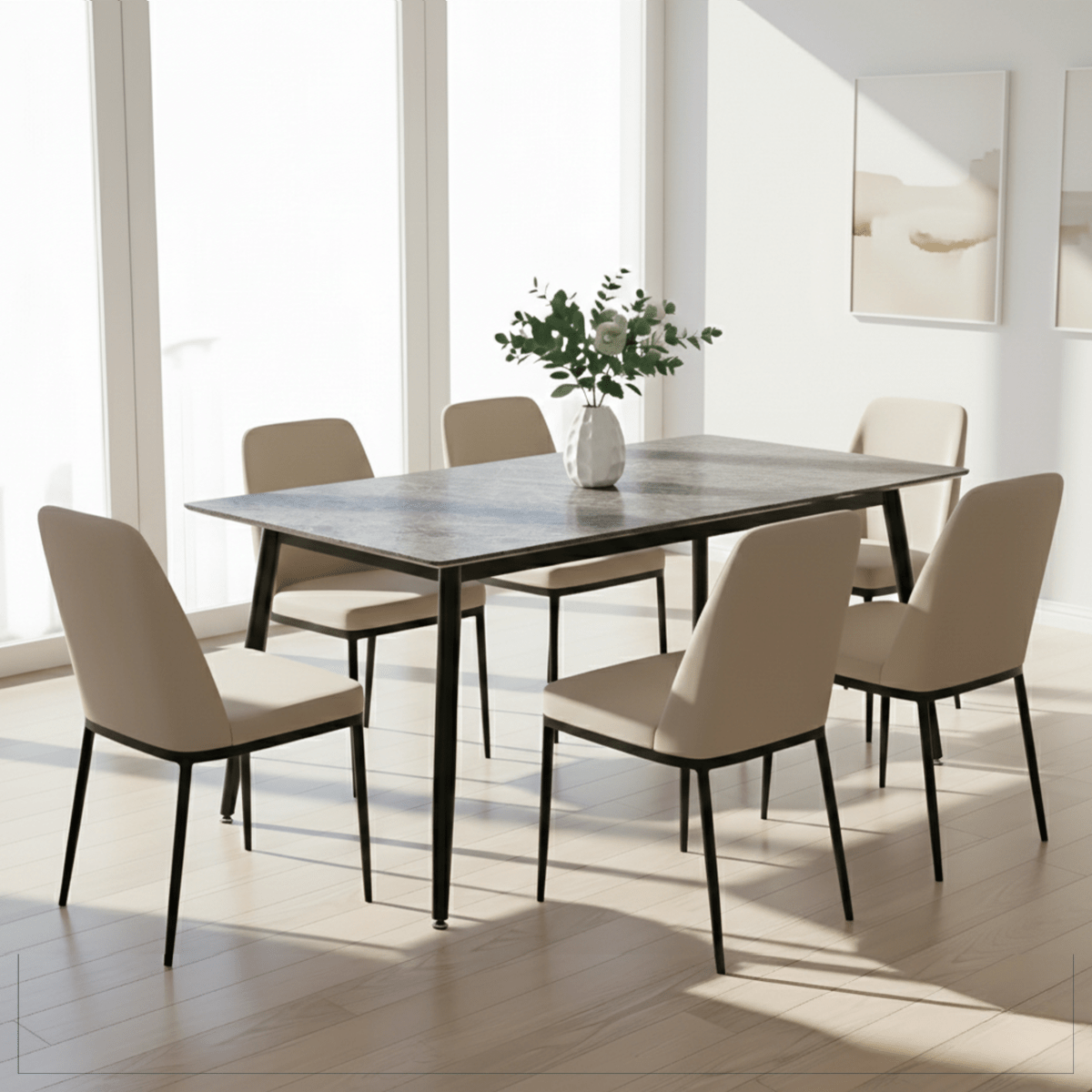 Zayle Rectangular Dining Table with a Sintered Stone Tabletop and a Stainless Steel Base Black Light Grey Dining Table Leisuremod