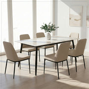 Zayle Rectangular Dining Table with a Sintered Stone Tabletop and a Stainless Steel Base Black 48 in. Wide White Gold Dining Table Leisuremod