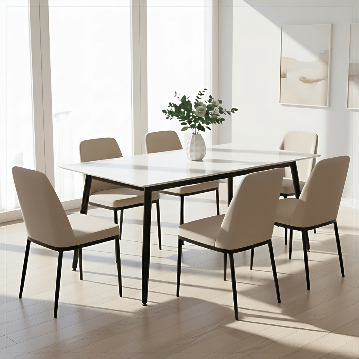 Zayle Rectangular Dining Table with a Sintered Stone Tabletop and a Stainless Steel Base Black Solid White Dining Table Leisuremod