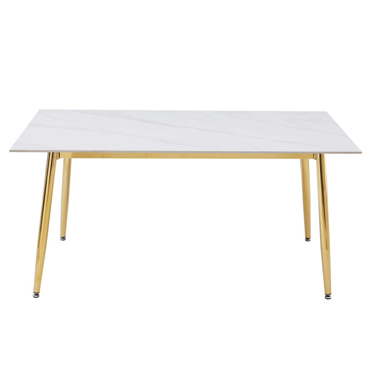 Zayle Rectangular Dining Table with a Sintered Stone Tabletop and a Stainless Steel Base Gold White Marble Dining Table Leisuremod