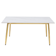 Zayle Rectangular Dining Table with a Sintered Stone Tabletop and a Stainless Steel Base Gold White Marble Dining Table Leisuremod