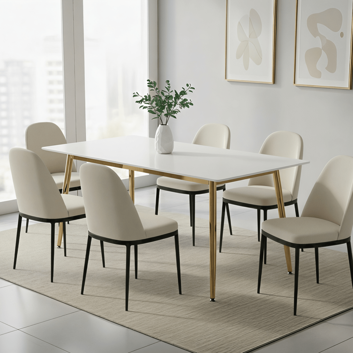Zayle Rectangular Dining Table with a Sintered Stone Tabletop and a Stainless Steel Base Gold Solid White Dining Table Leisuremod